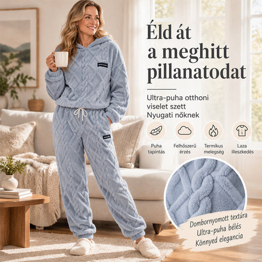 🧶 Női plüss kábelkötött kapucnis pulóver és nadrág szett