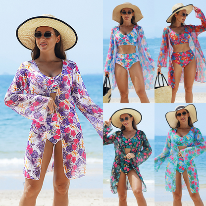 🌼 Női divat többszínű nyomtatott bikinis fürdőruha 3 részes készlet