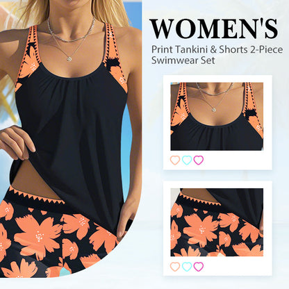 👙 Női nyomtatott tankini és rövidnadrág 2 részes fürdőruha szett