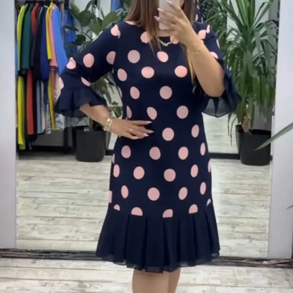 👗✨ Női Pöttyös Ráncolt Foltvarrott Ruha