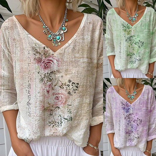 🌸 Női Laza Fit V-nyakú Virágos Blúz