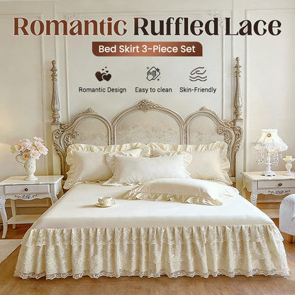 🛌 Romantikus Fodros-Csipkés Ágytakaró Szett (3 részes) – Elegancia és Kényelem