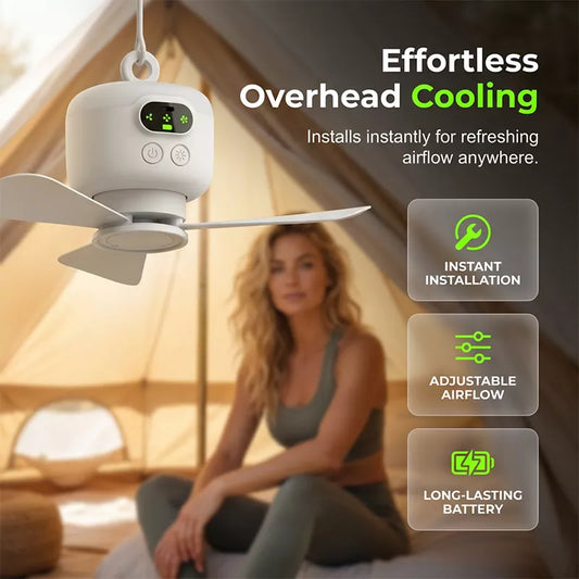 🌙🏕️ Újratölthető mennyezeti ventilátor LED fénnyel – Vezeték nélküli hűsítés, energiatakarékos világítás és tökéletes kényelem bárhová 🍃💡